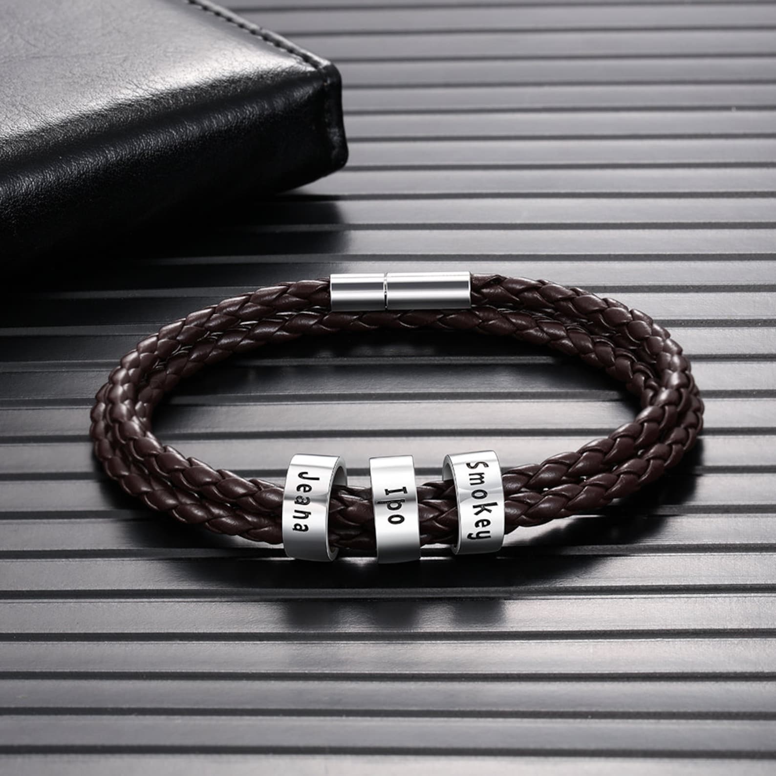 Mens Leather Braided Bracelet With 4 Custom Beads Engarved 4 Names Personalized Bracelet Black
