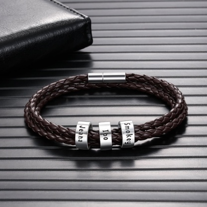 Mens Leather Braided Bracelet With 4 Custom Beads Engarved 4 Names Personalized Bracelet Black