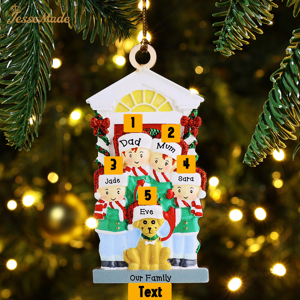 5 Names+Dog Name-Personalized Family Christmas Xmas Tree Decoration Hanging Wooden Ornament with Name-Family with Dog