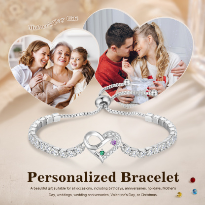 Personalized Infinity Heart Tennis Bracelet with 2–4 Names and Birthstones