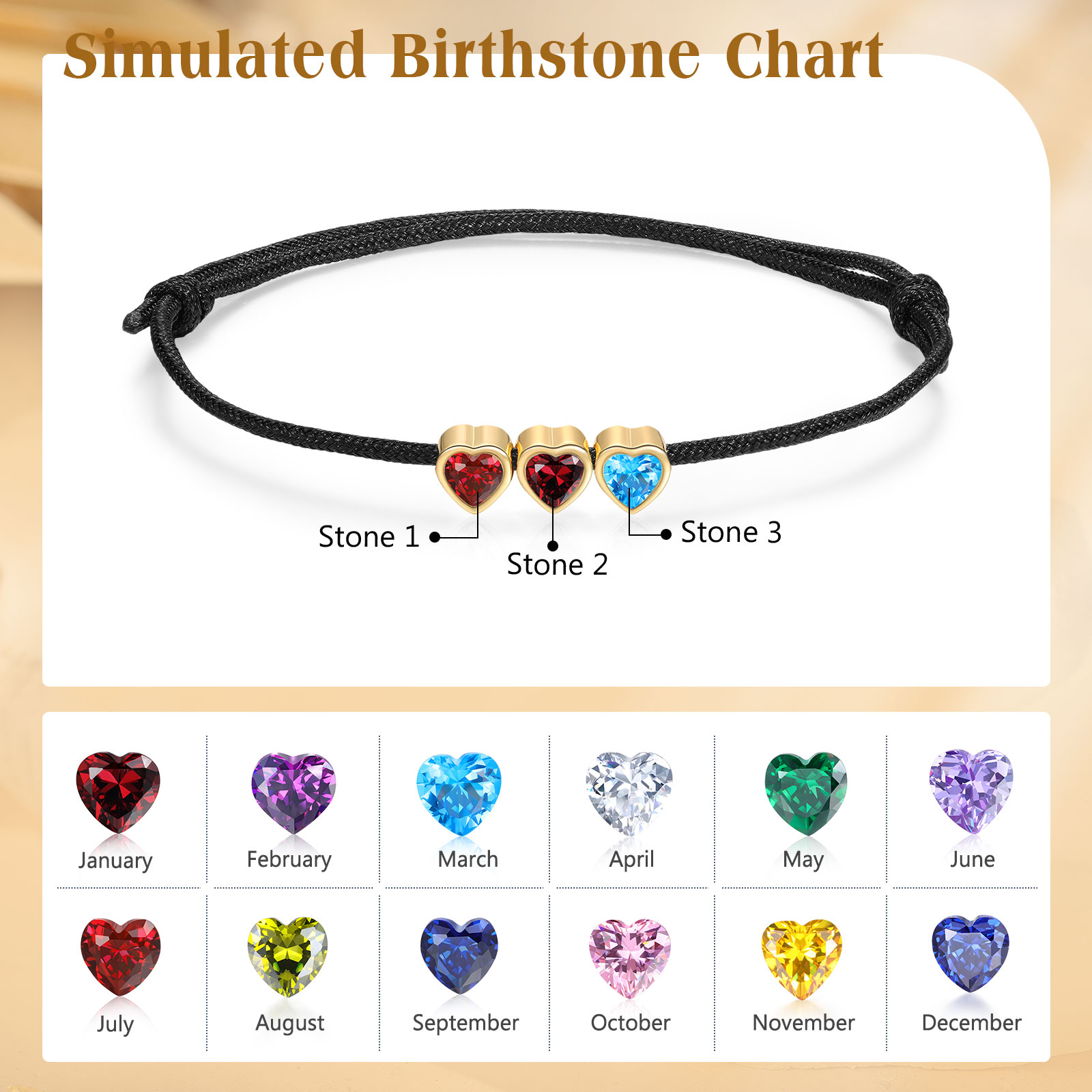 Personalized String Rope Bracelet Adjustable Custom with 2–5 Heart-shaped Birthstones Gift for Mom