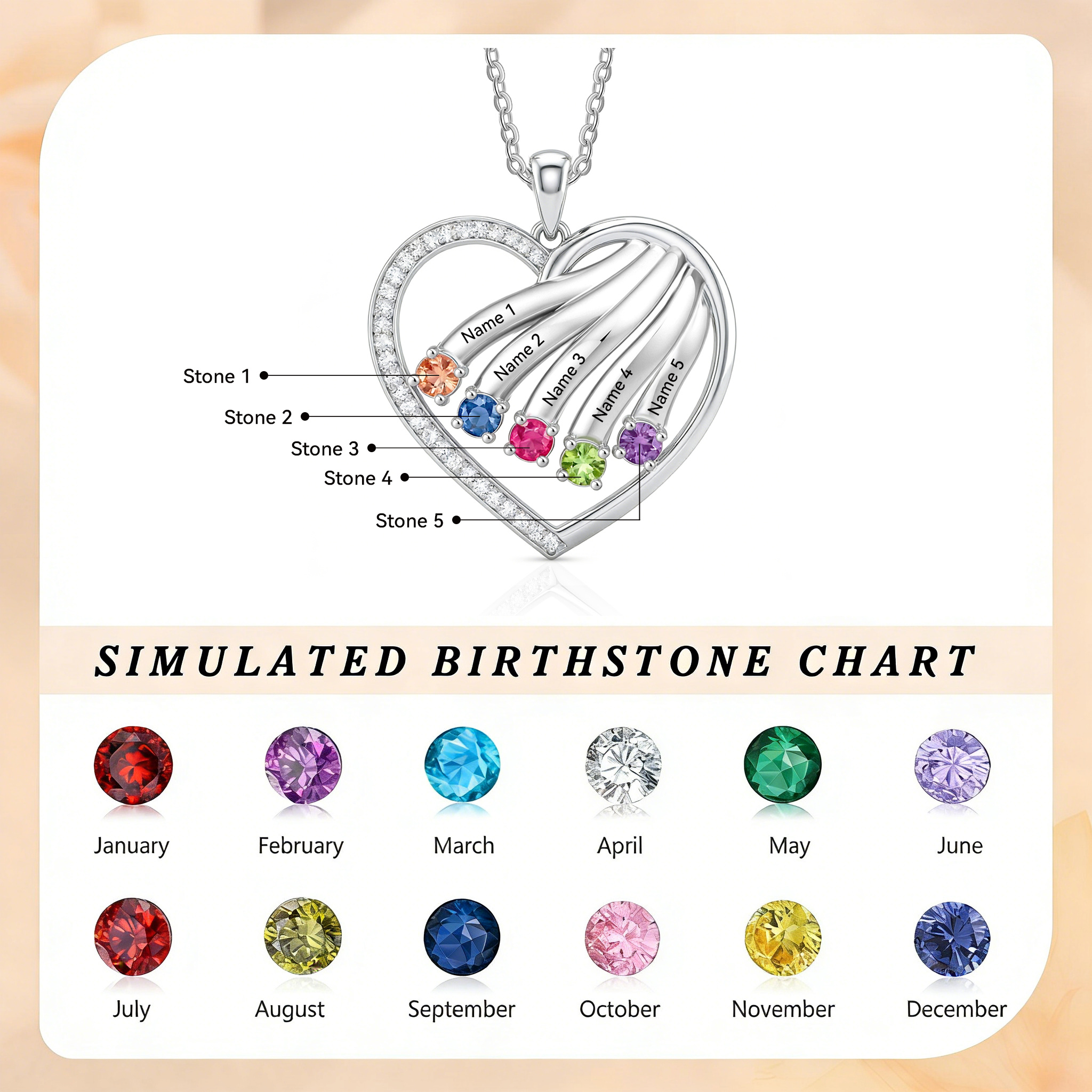 Personalized Heart Name Necklace Custom With Birthstones Engraved 4–6 Children’s Names