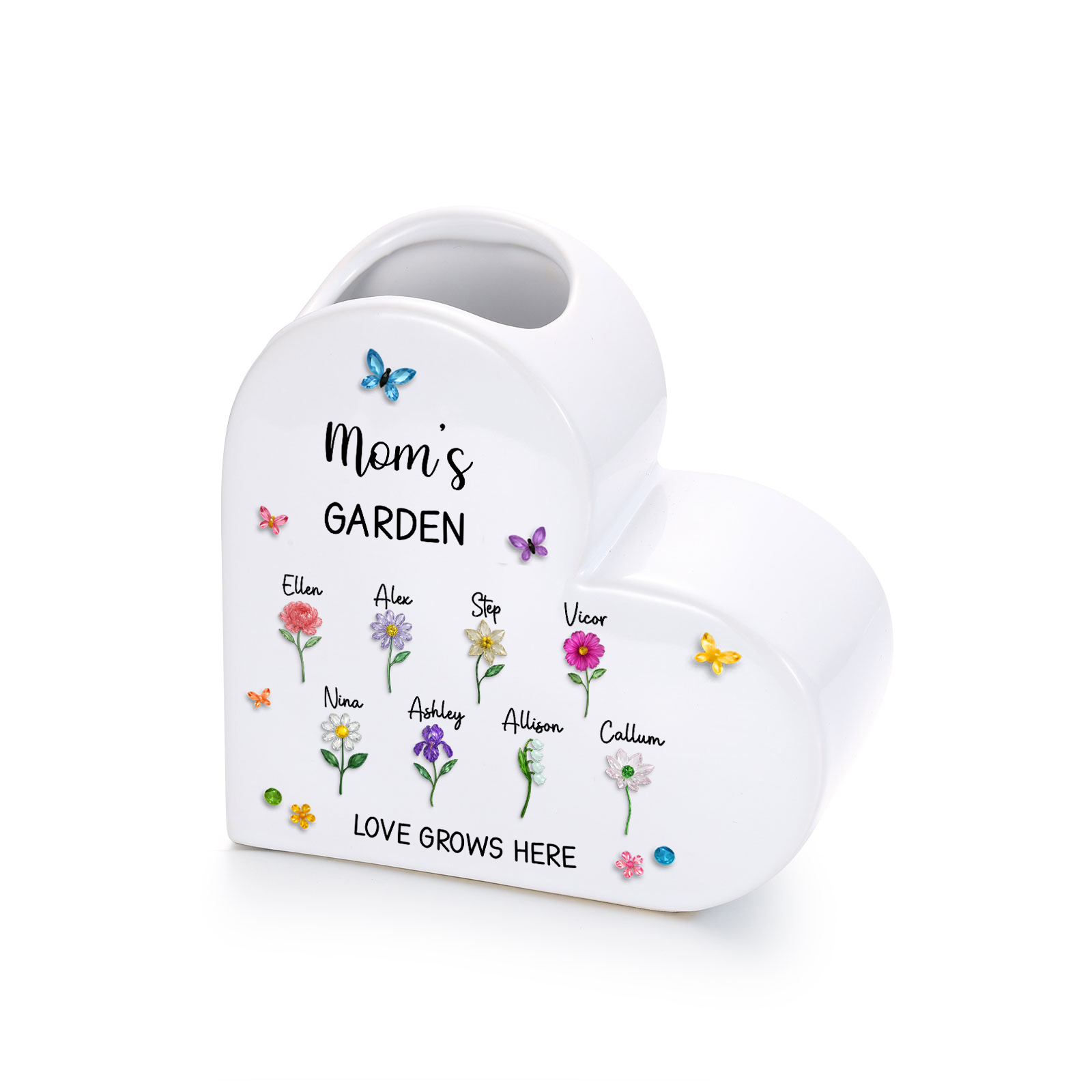 Personalized Ceramic Heart Vase Custom with 1–10 Names and Birth Flowers Family Gift for Mom or Grandma