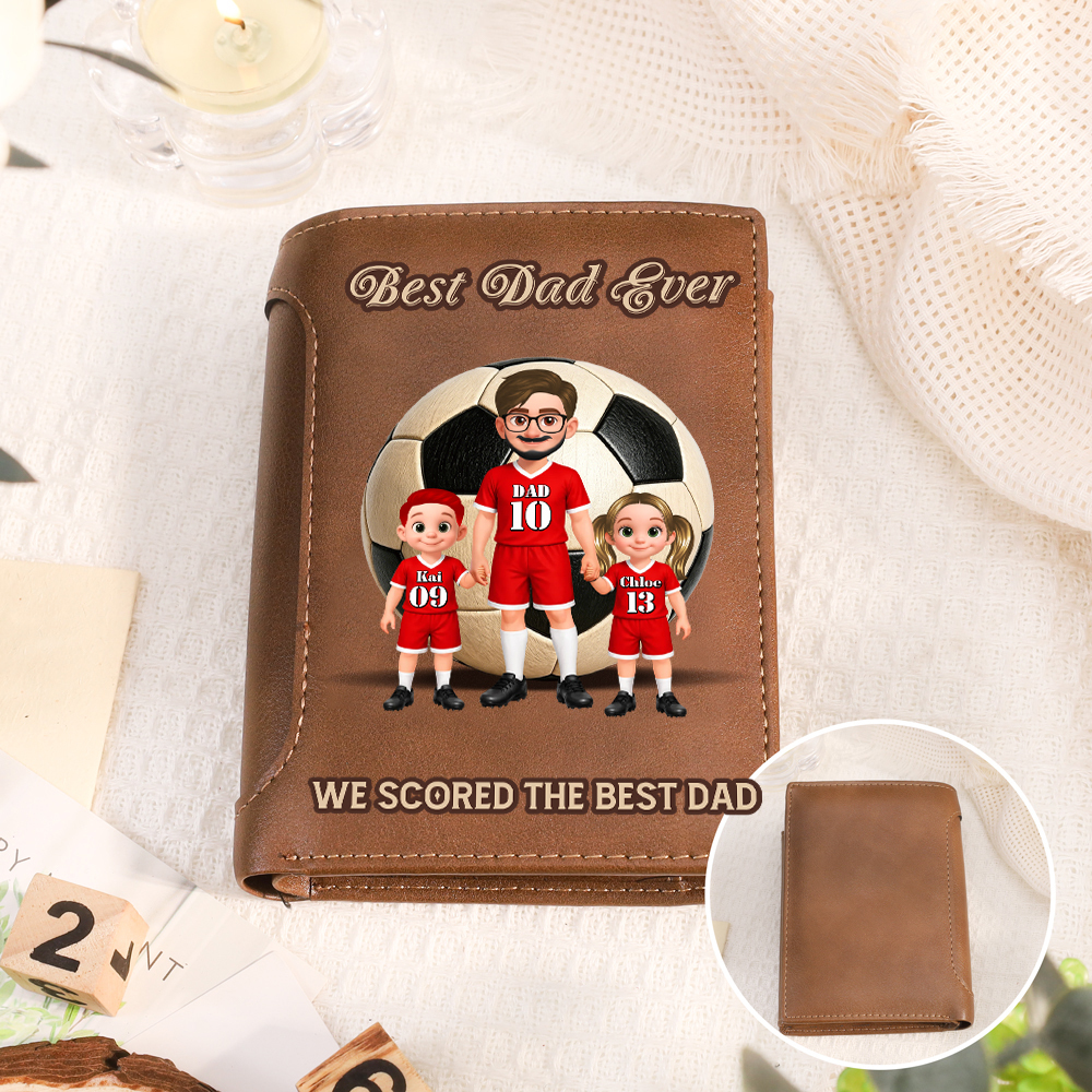 Personalized Leather Wallet for The Best Dad in the World Soccer Team Customizable with 1 to 6 Children and 1 Text Gift for Father’s Day Birthday for Dad | Jessemade