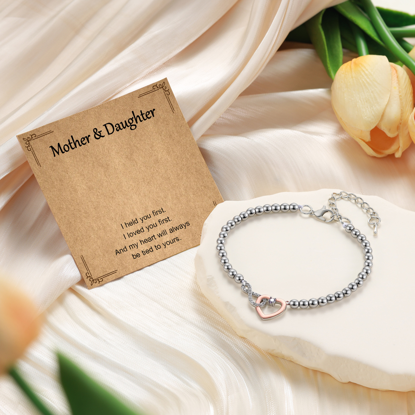 Personalized Mother Daughter Infinity Heart Birthstone Bracelet with Gift Card