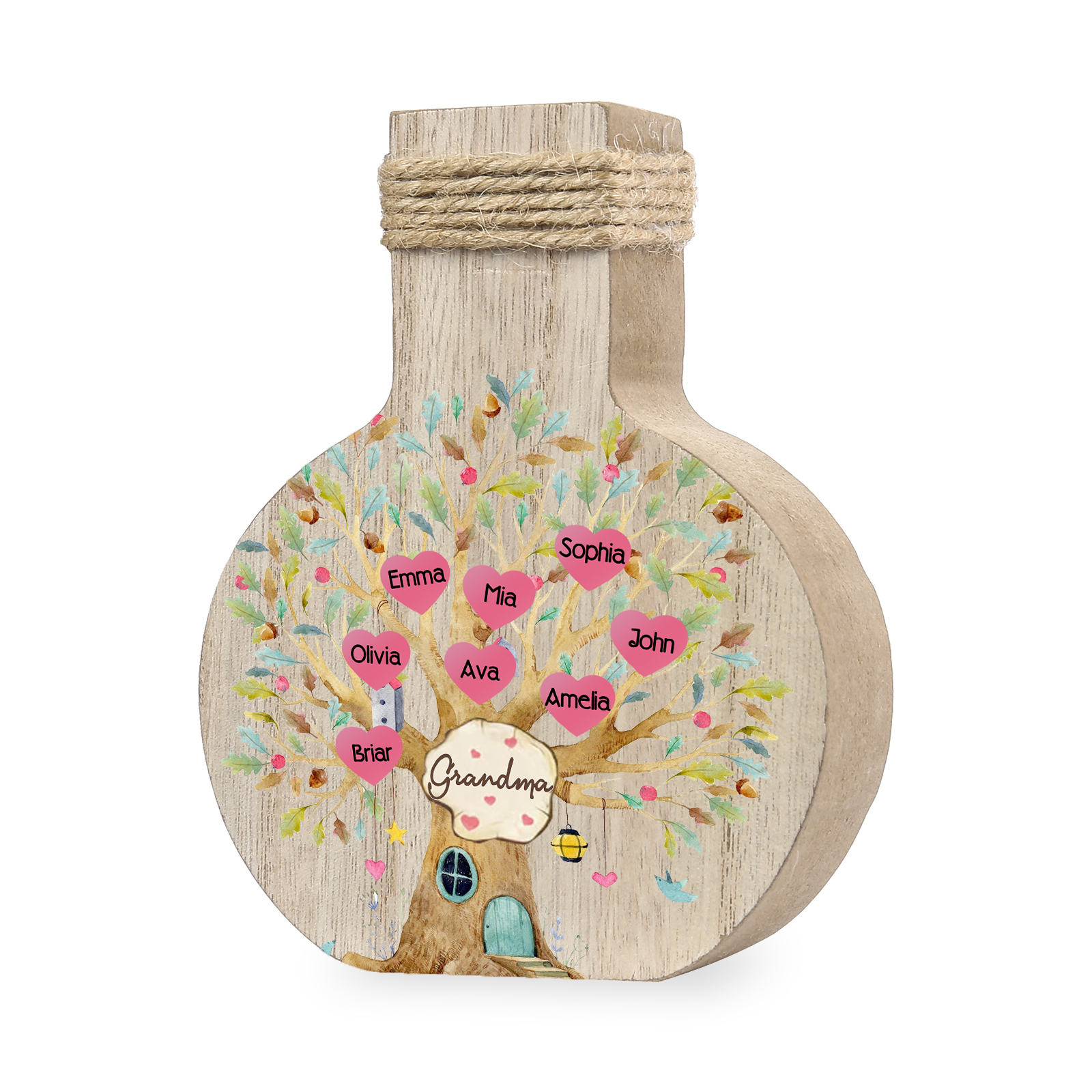 8 Names - Personalized Custom Text and Name Family Tree Wooden Decorative Vase as a Gift for Grandma