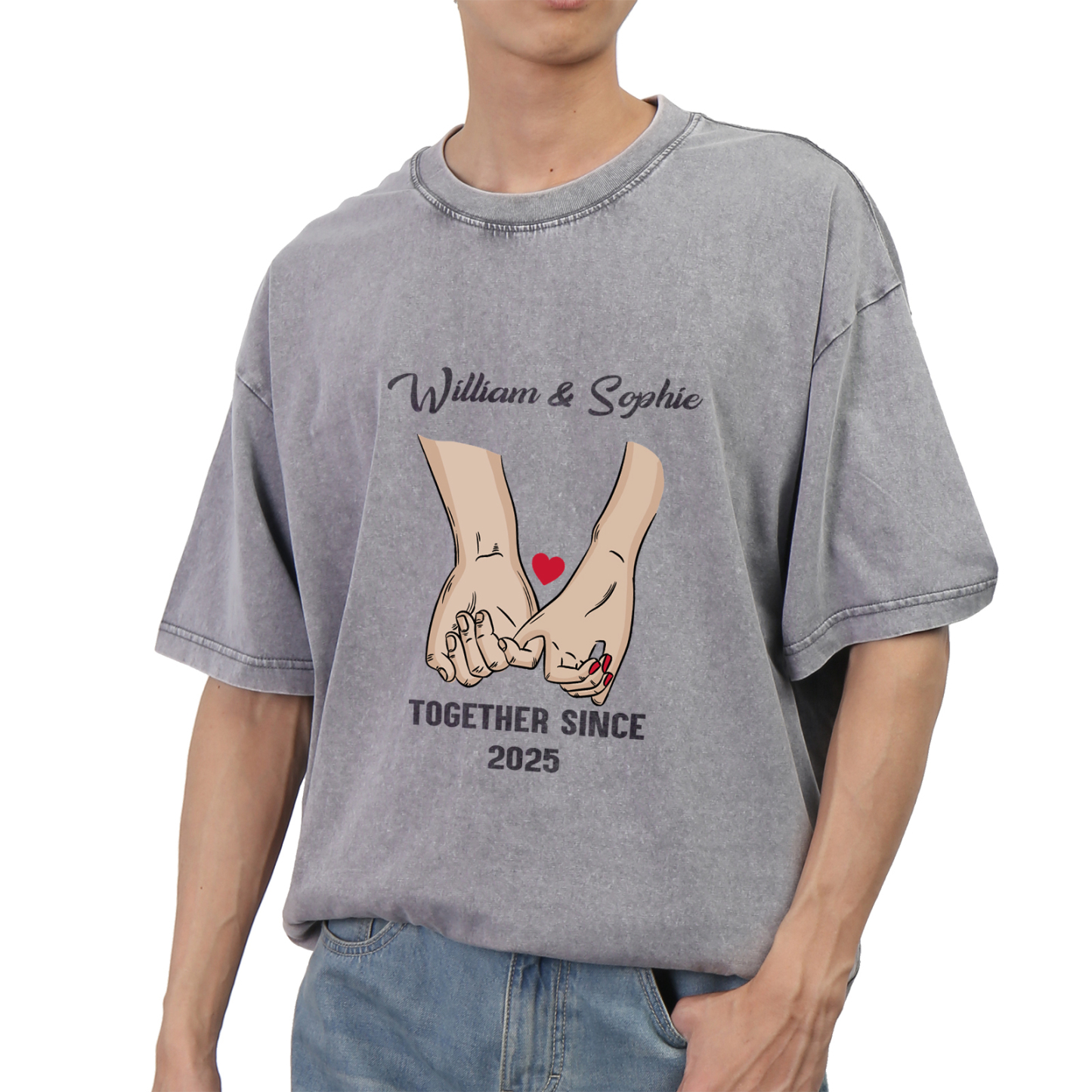 Personalised Couple T-Shirt –  with Custom 2 Names and 1 Date, Hand-in-Hand Graphic – "TOGETHER SINCE" | Valentine’s Day Gift for Him/Her | Jessemade