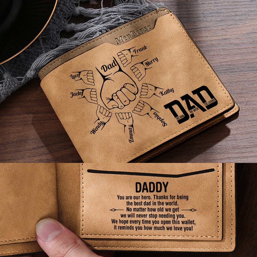9 Names - Personalized Fist Bump Pattern Custom Name Leather Men's Wal