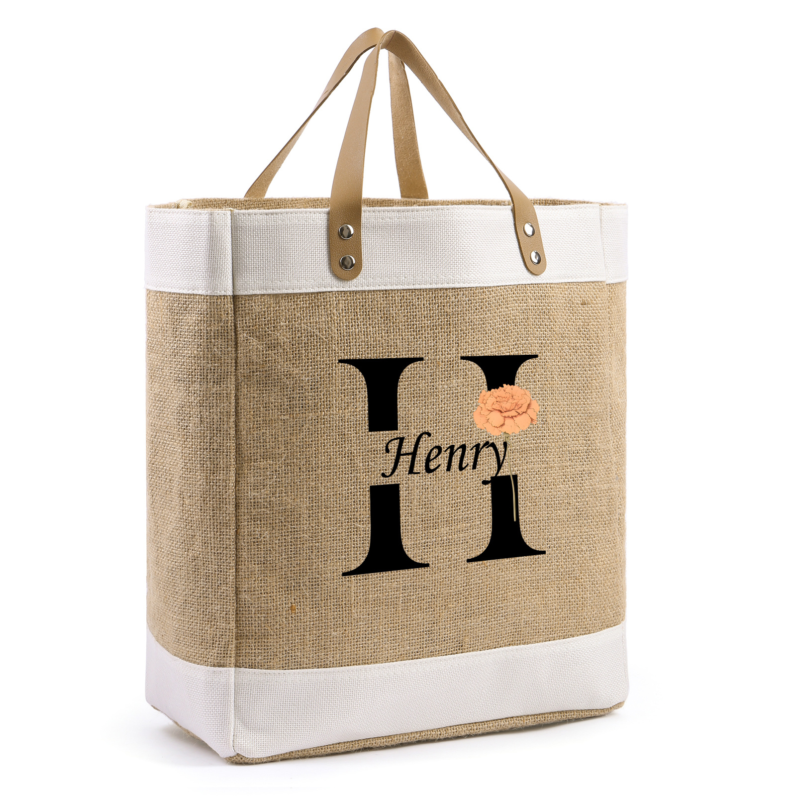 Personalized Jute Tote Bag, Birth Flower Monogram