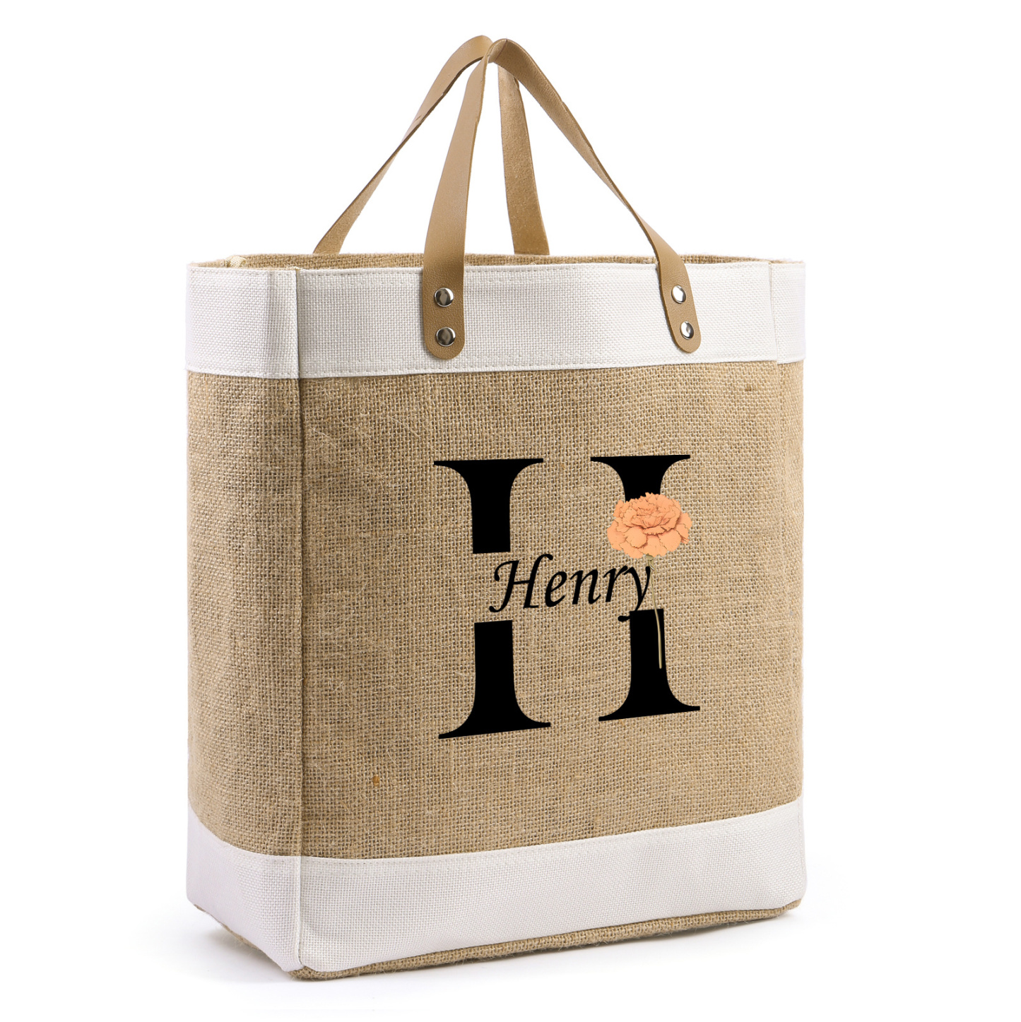 Personalized Jute Tote Bag, Birth Flower Monogram