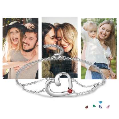 Personalized Heart Bracelet With 1 Birthstone Engraved Names Gift For Women