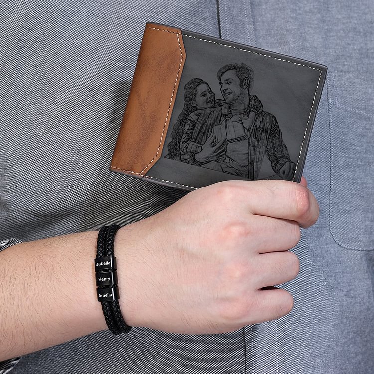 Personalised Gift Set - Custom Wallet & Bracelet with 1 Photo, 1 Letter, and 4 Names, Christmas Gift Box for Him | Jessemade