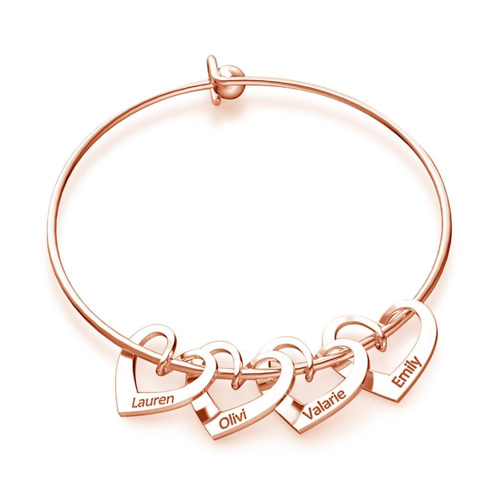 3 Names-Personalized Love Bracelet with 3 Heart Charms Engraved Name Bangle Bracelet