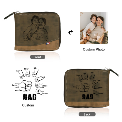 7 Names - Personalized Photo Custom Leather Men's Zipper Wallet as a Father's Day Gift for Dad