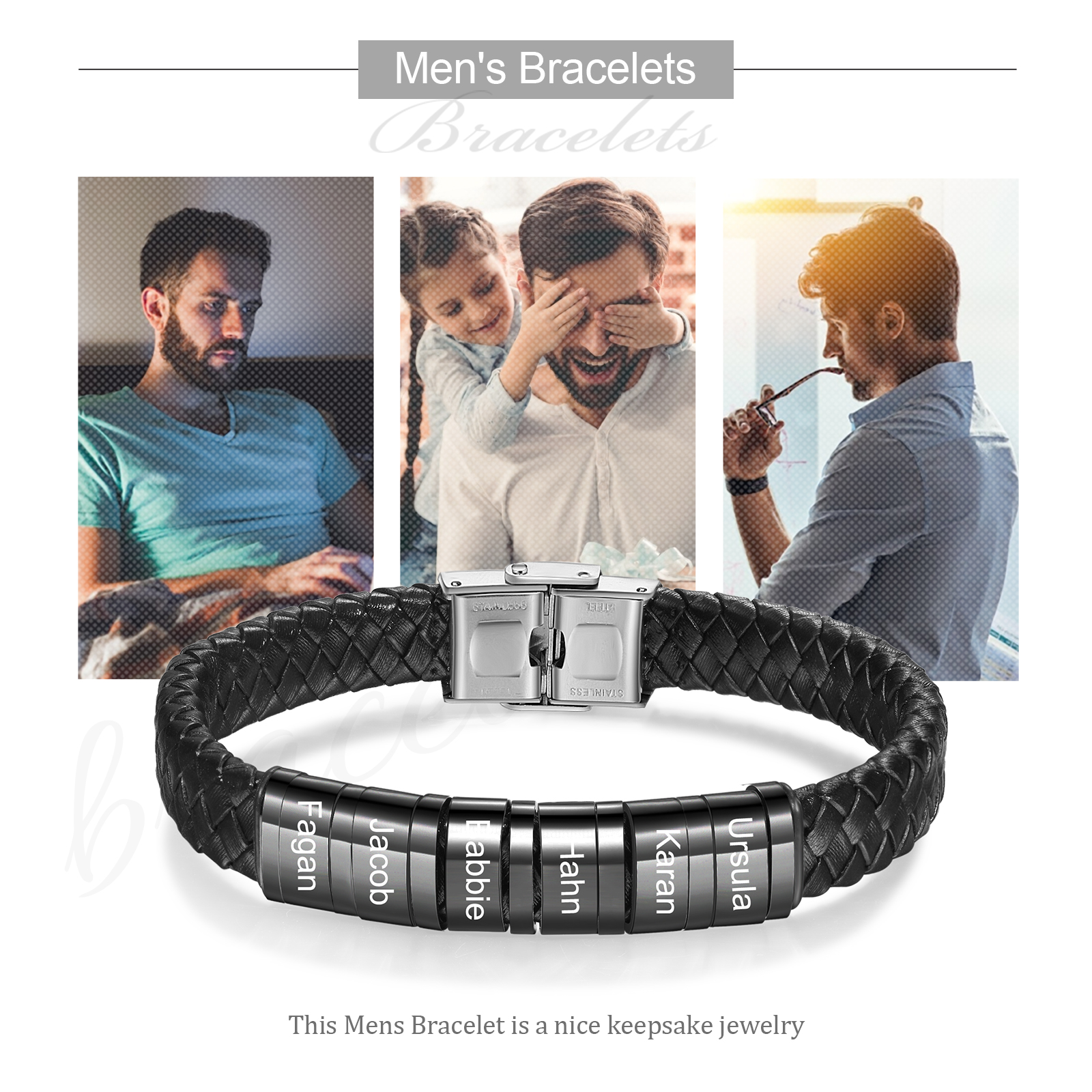 6 Names-Personalized Braided Leather Bracelet Custom Men's Bracelet Engraved 6 Names for Him