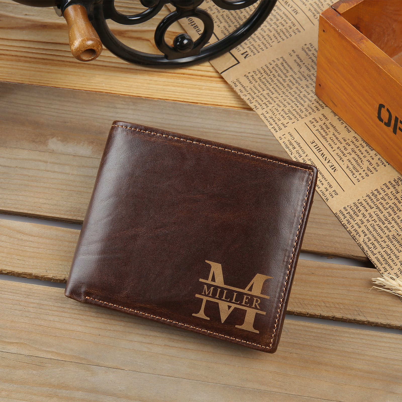Personalized Men‘s Wallet Monogram Genuine Leather Wallet Vanlentine's Day Gift for Him | Jessemade