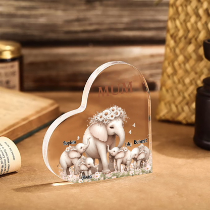 4 Names-Personalized Elephant Acrylic Heart Keepsake Custom Text Acrylic Plaque Ornaments Gifts for Mom