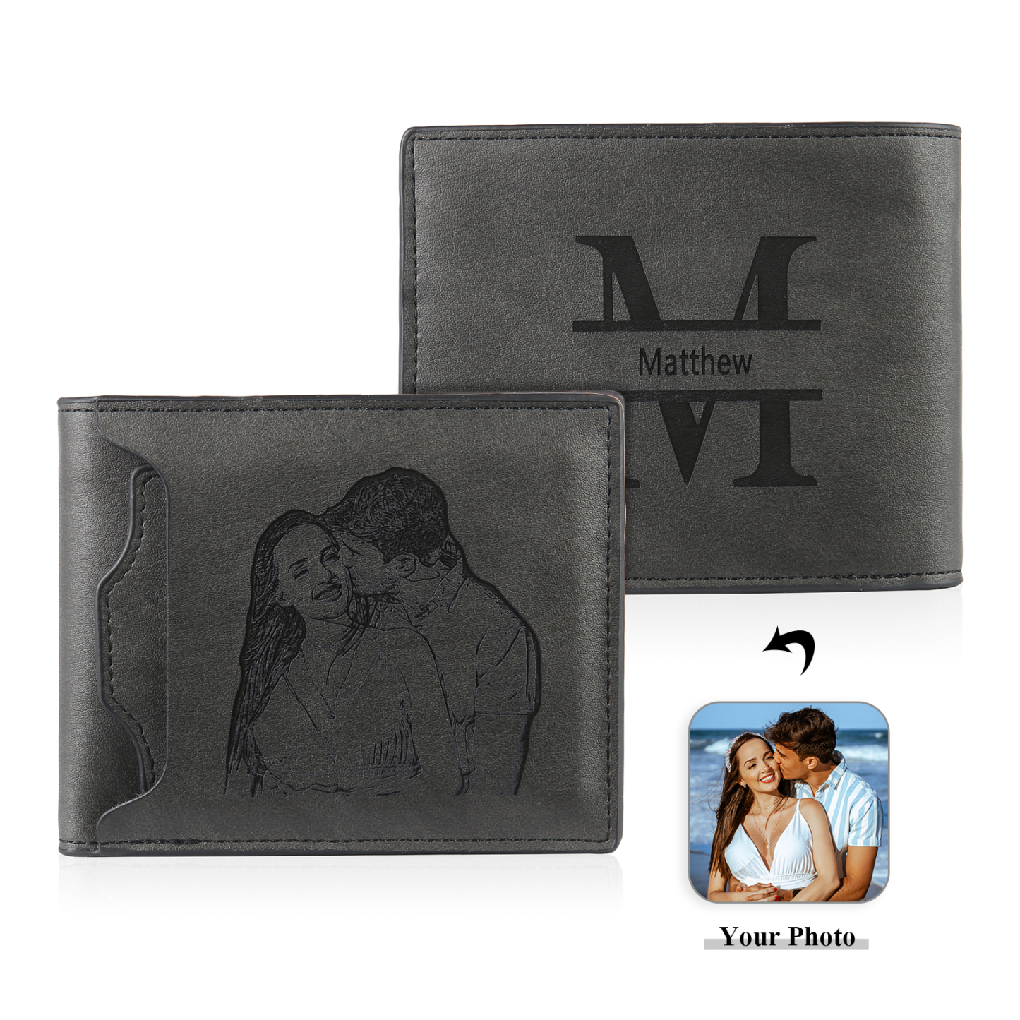 Personalized Name Leather Men's Wallet With Card Slot Engraved Letter And Photo Gift For Him