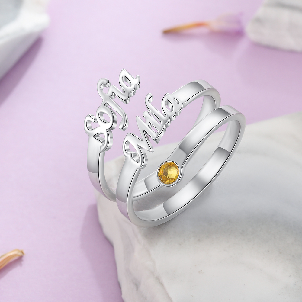 Personalized Birthstone Mother Ring Custom 2 Names Ring Gifts For Her