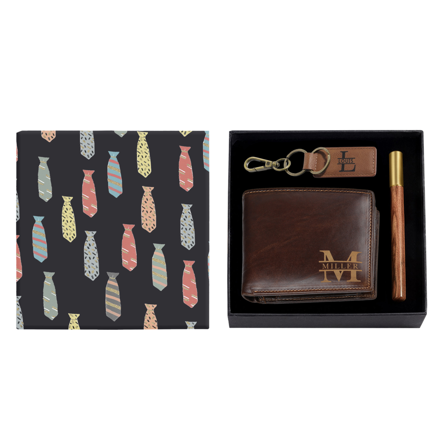 Personalized Leather Wallet Gift Box Set with Letter Name Keychain Customizable Text Wallet Gift for Him