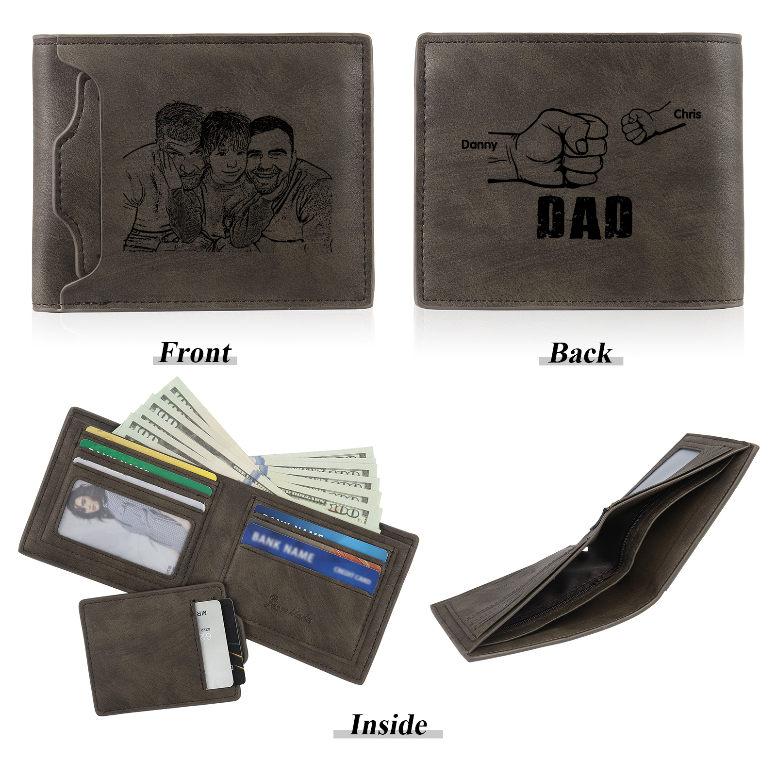 2 Names - Personalized Photo Custom Leather Men's Folding Wallet as a Father's Day Gift for Dad