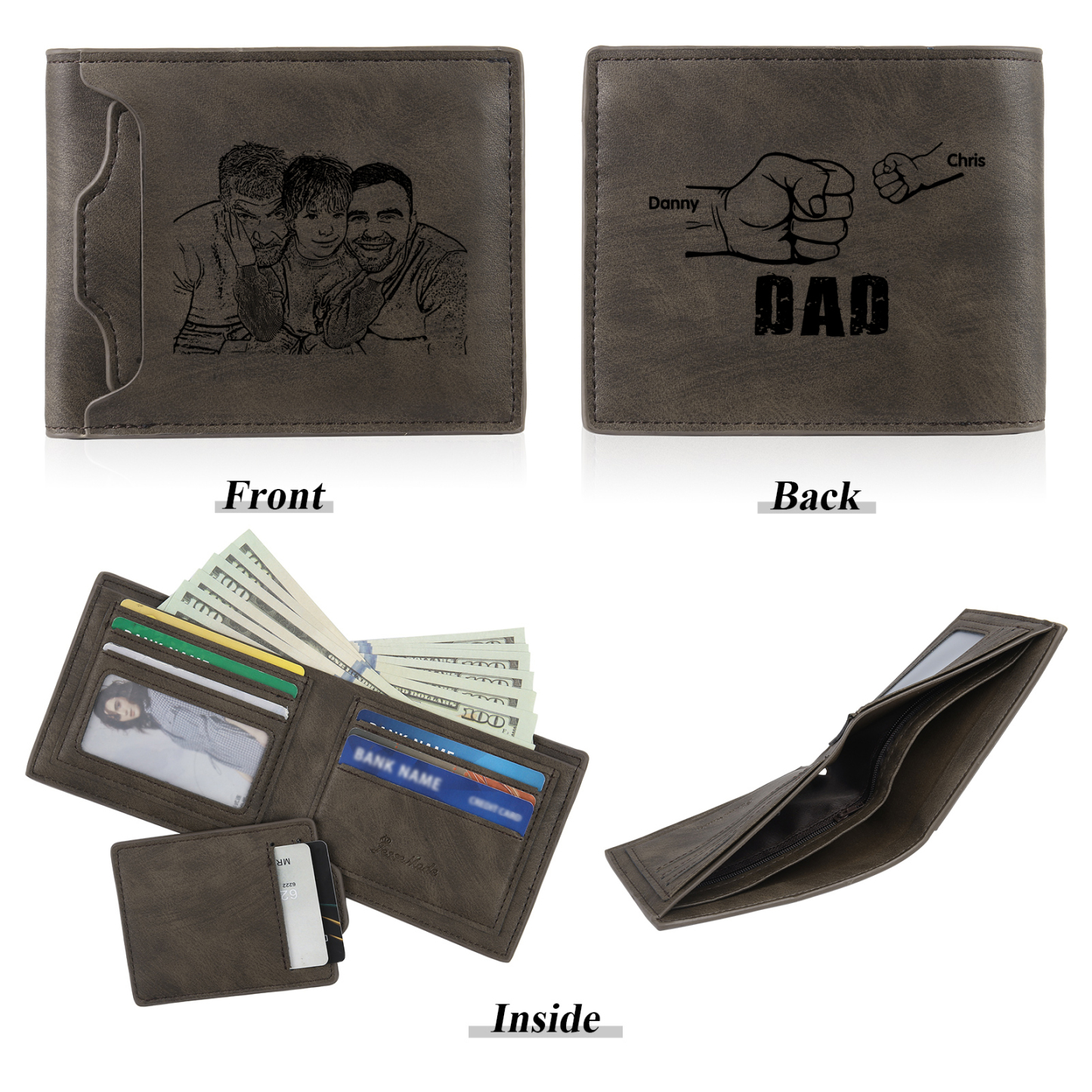 2 Names - Personalized Photo Custom Leather Men's Folding Wallet as a Father's Day Gift for Dad