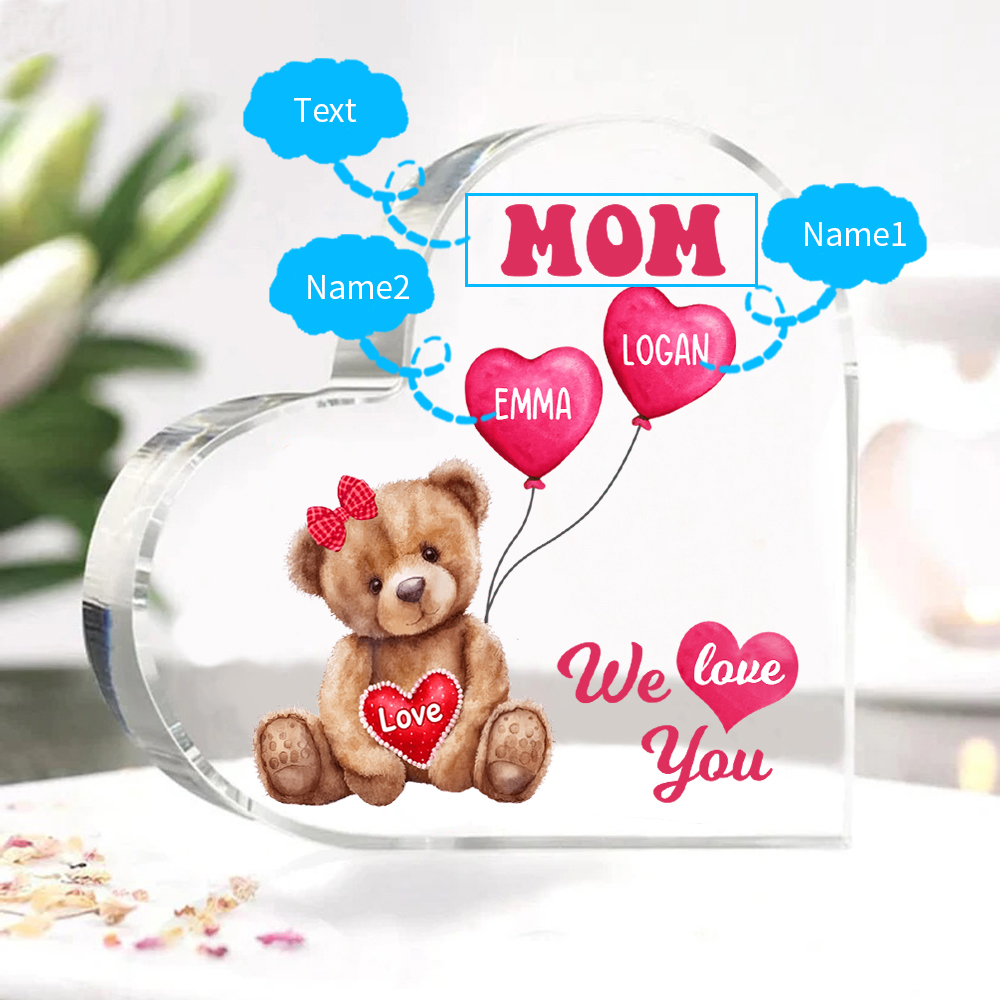 2 Names-Personalized Bear Acrylic Heart Keepsake Custom Text Acrylic Plaque Ornaments Gifts for Mom