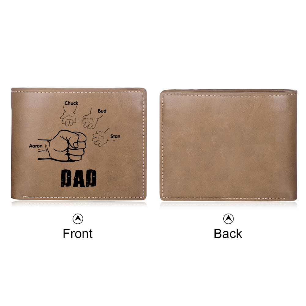 4 Names-Personalized Leather Men Wallet Engraved 4 Names Fist Bump Folding Wallet Gift For Dad