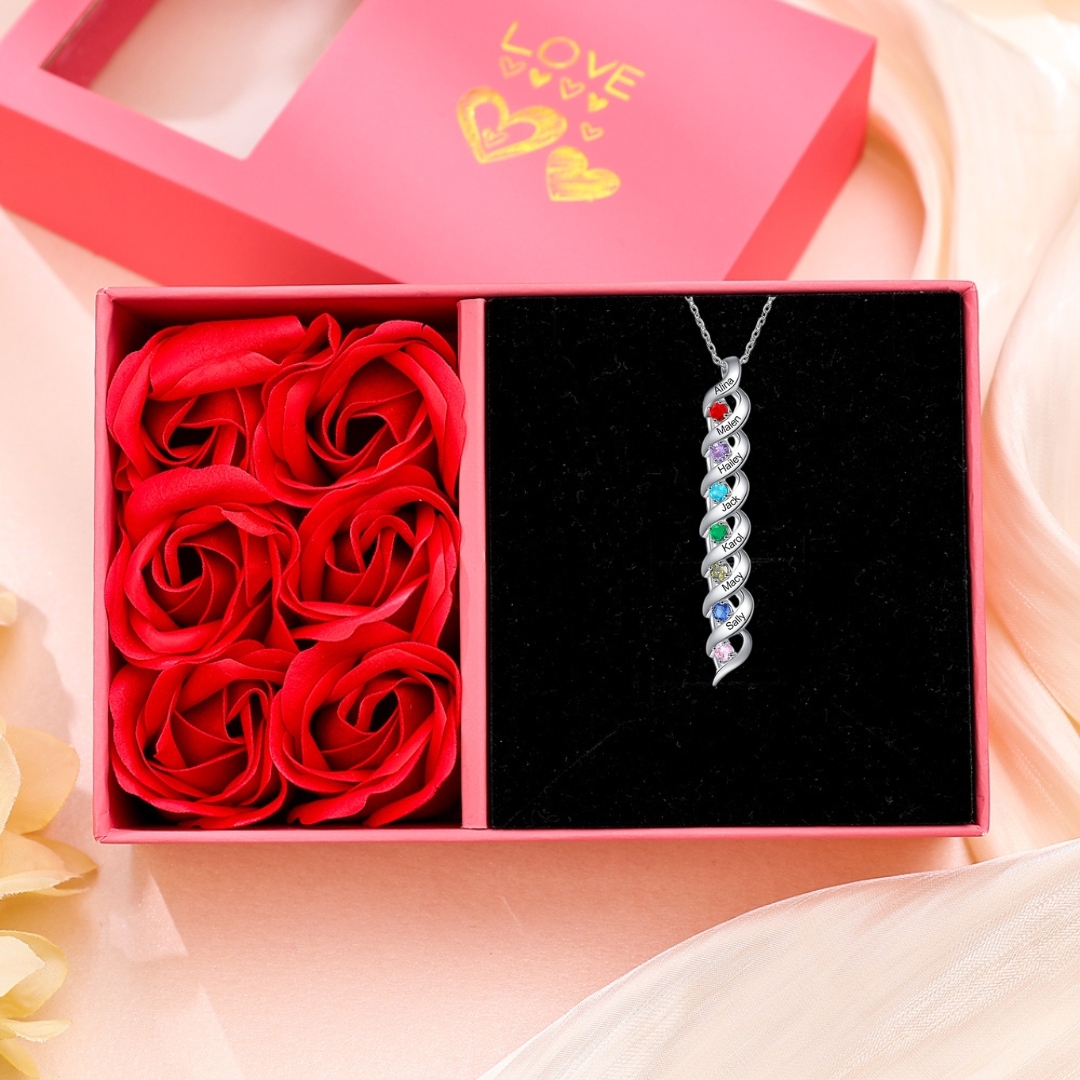 1-10 Names-Personalized Birthstones Necklace Set With Rose Gift Box-Custom Cascading Pendant Necklace Engraving 3 Names Gifts for Her