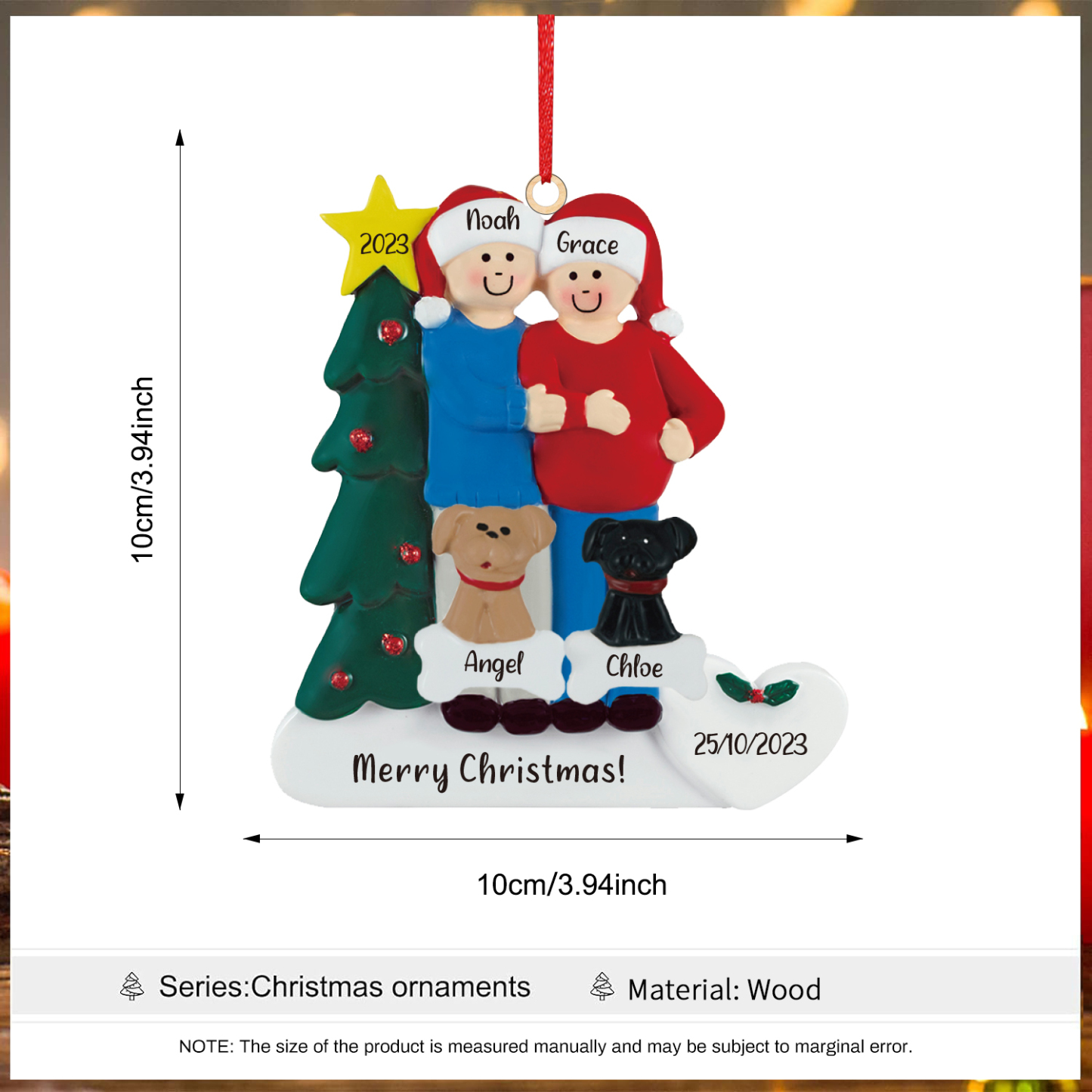 4 Names-Personalized Family Wooden Christmas Xmas Tree Decoration Ornament-Custom 4 Names And Dates Hanging Ornament Gifts For Family