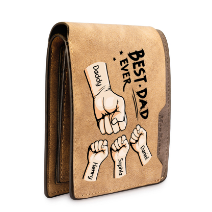 4 Names - Personalized Fist Bump Pattern Custom Text Leather Men's Wallet as a Father's Day Gift for Dad