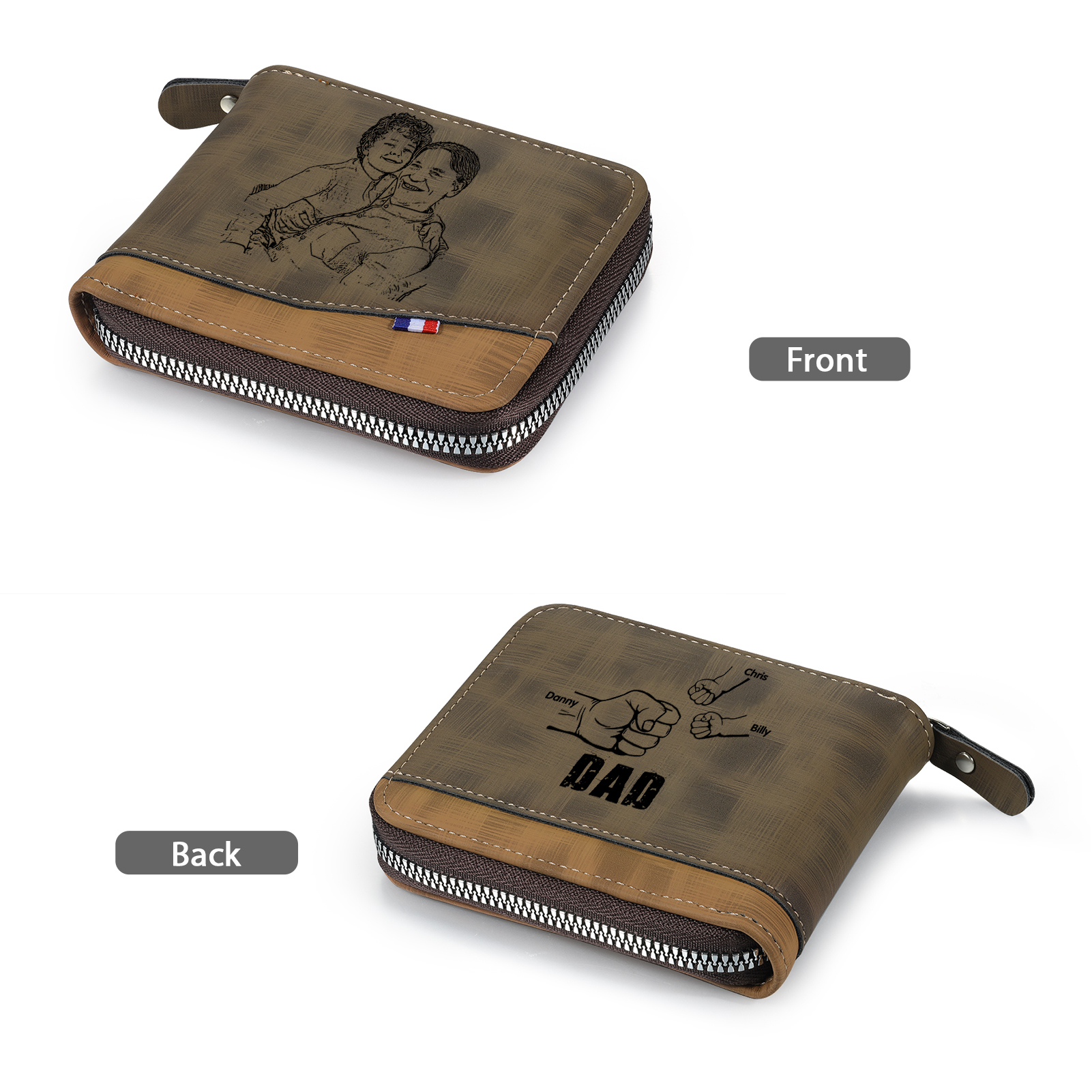 3 Names - Personalized Photo Custom Leather Men's Zipper Wallet as a Father's Day Gift for Dad