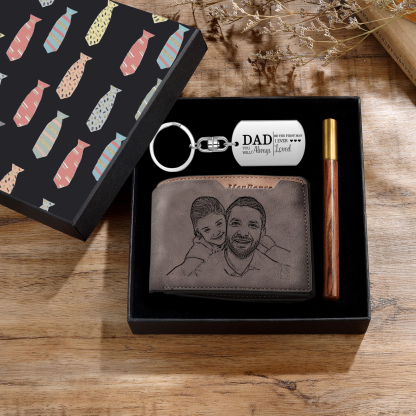 Personalized Leather Wallet Gift Box Set with Keychain Customizable Photo and Text Wallet Gift for Dad