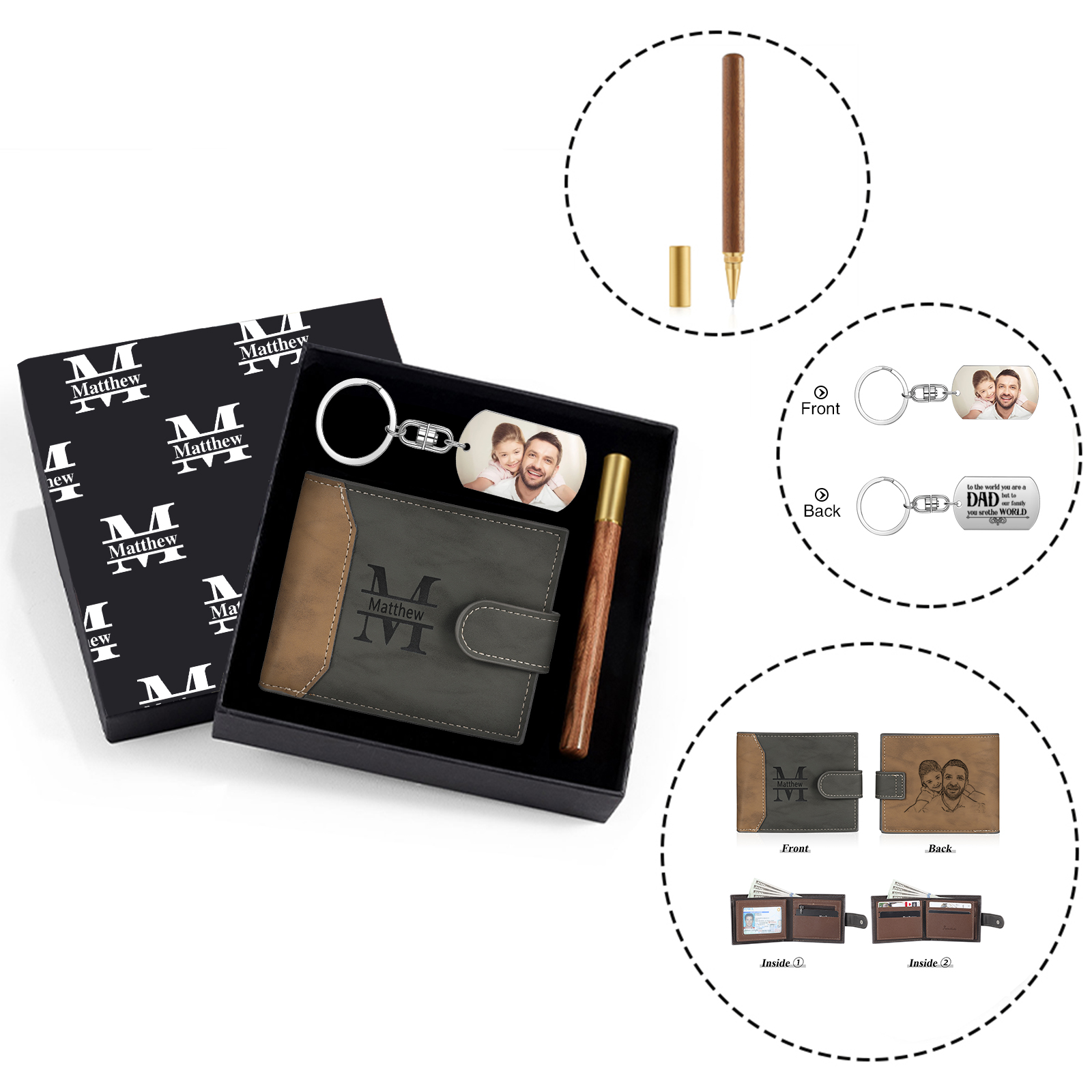 Personalized Leather Wallet Gift Box Set with Keychain Customizable Photo Letter and Name Wallet Gift for Dad