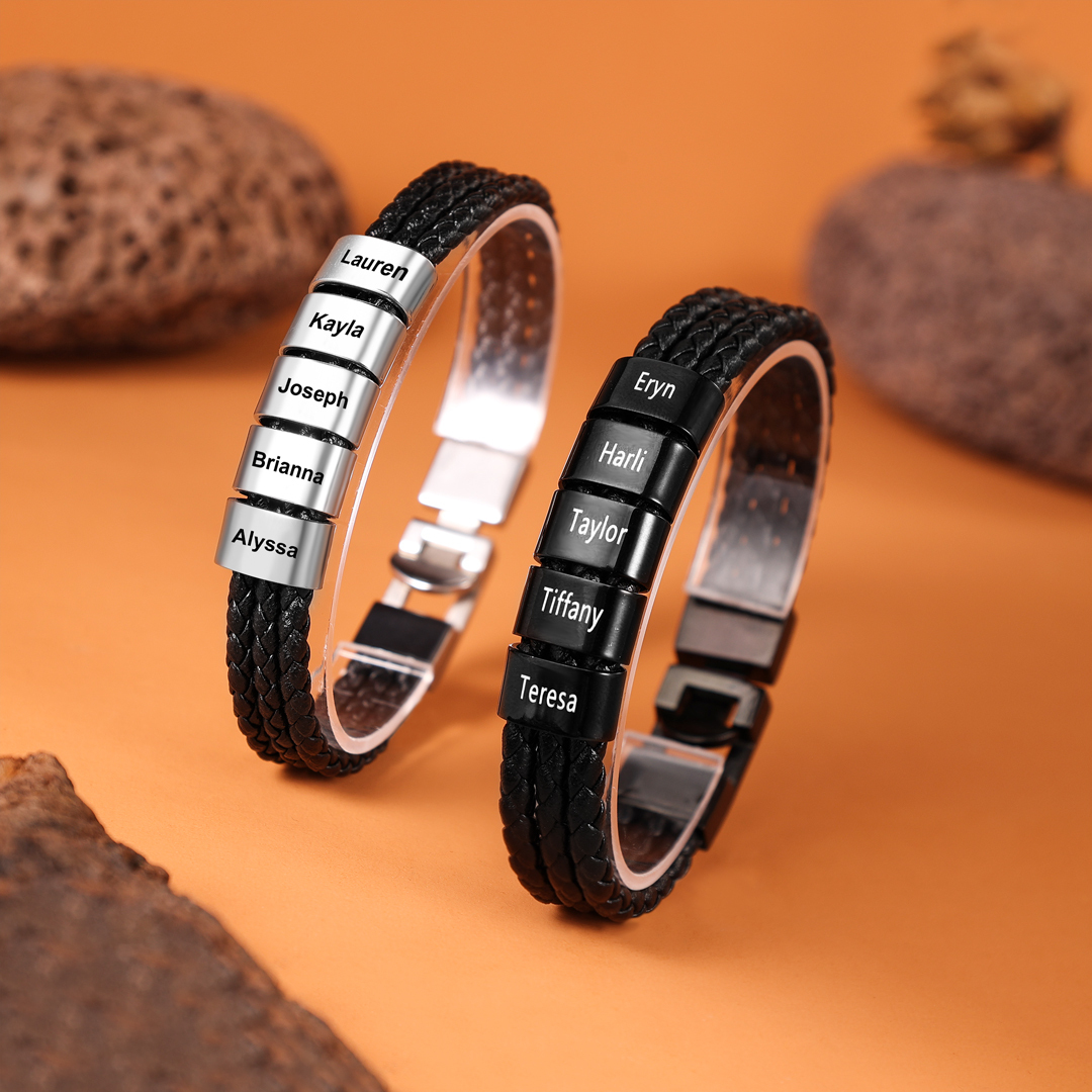 Personalized Braided Leather Bracelet Engraved 5 Names Men's Bracelet Gifts For Him