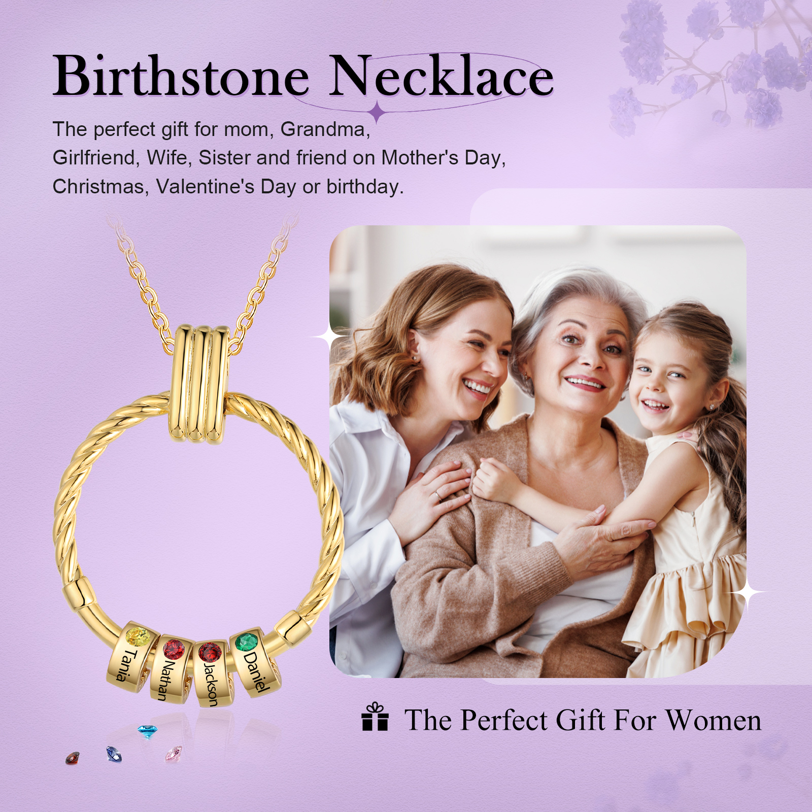 4 Names - Personalized Round Pendant Necklace Customized Name Gift for Her