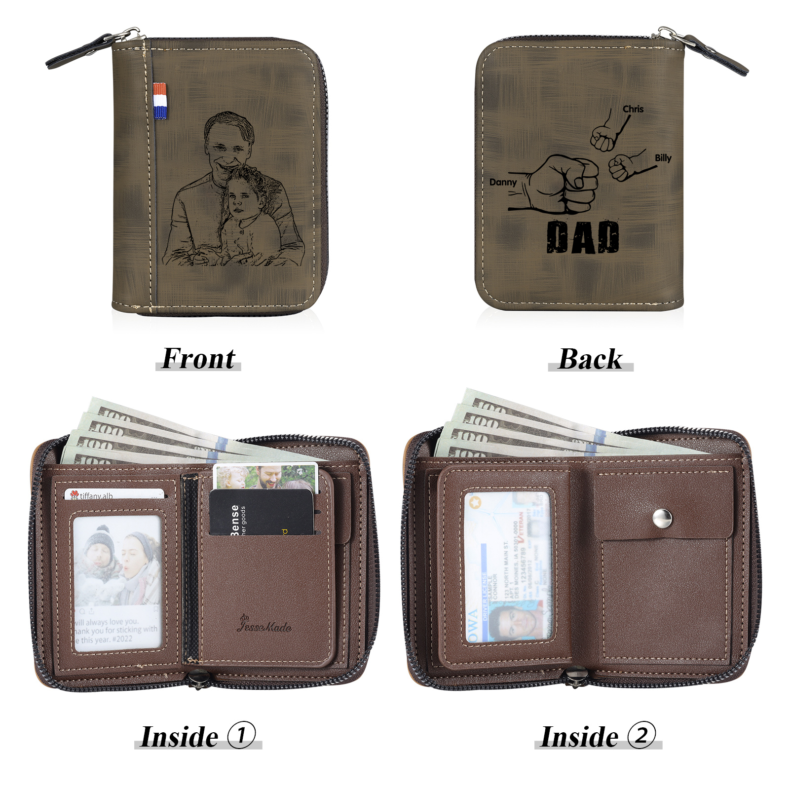 3 Names - Personalized Photo Text Custom Leather Men's Wallet Custom Name Zipper Wallet for Dad