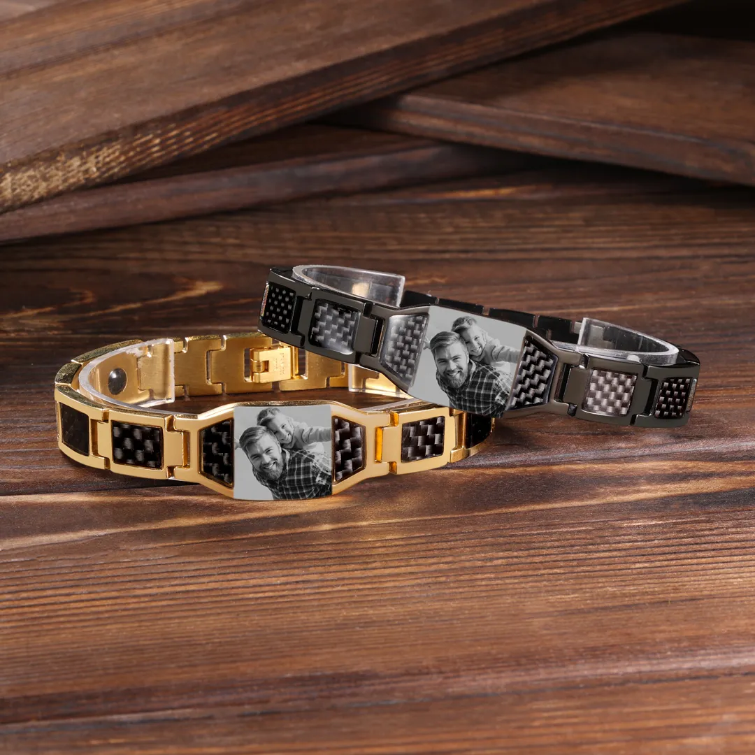 To My Man Personalized Carbon Fiber Energy Bracelet Gift Set, Custom Photo ID Bar Men's Bracelet Bangle Gifts For Him | Jessemade