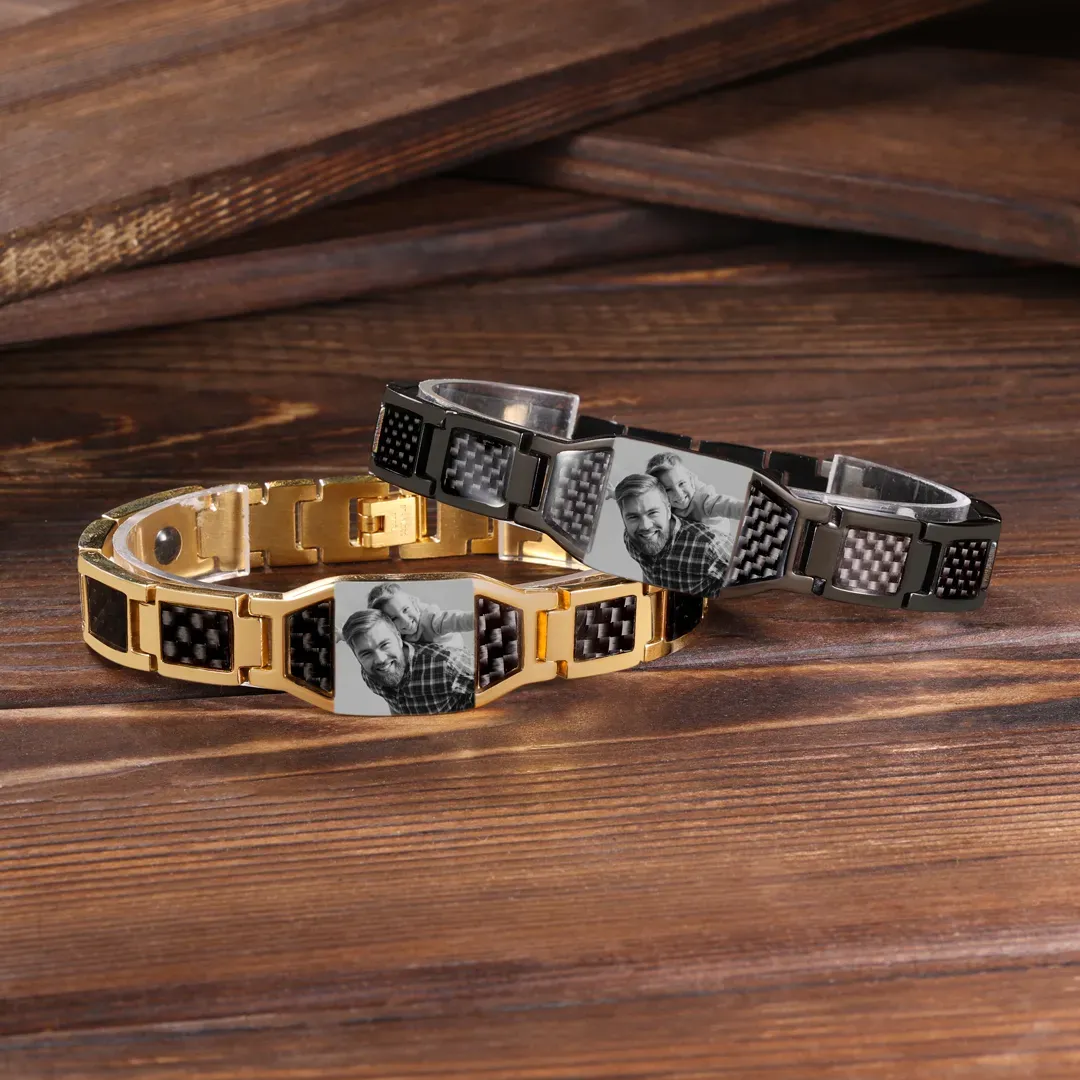 To My Man Personalized Carbon Fiber Energy Bracelet Gift Set, Custom Photo ID Bar Men's Bracelet Bangle Gifts For Him | Jessemade