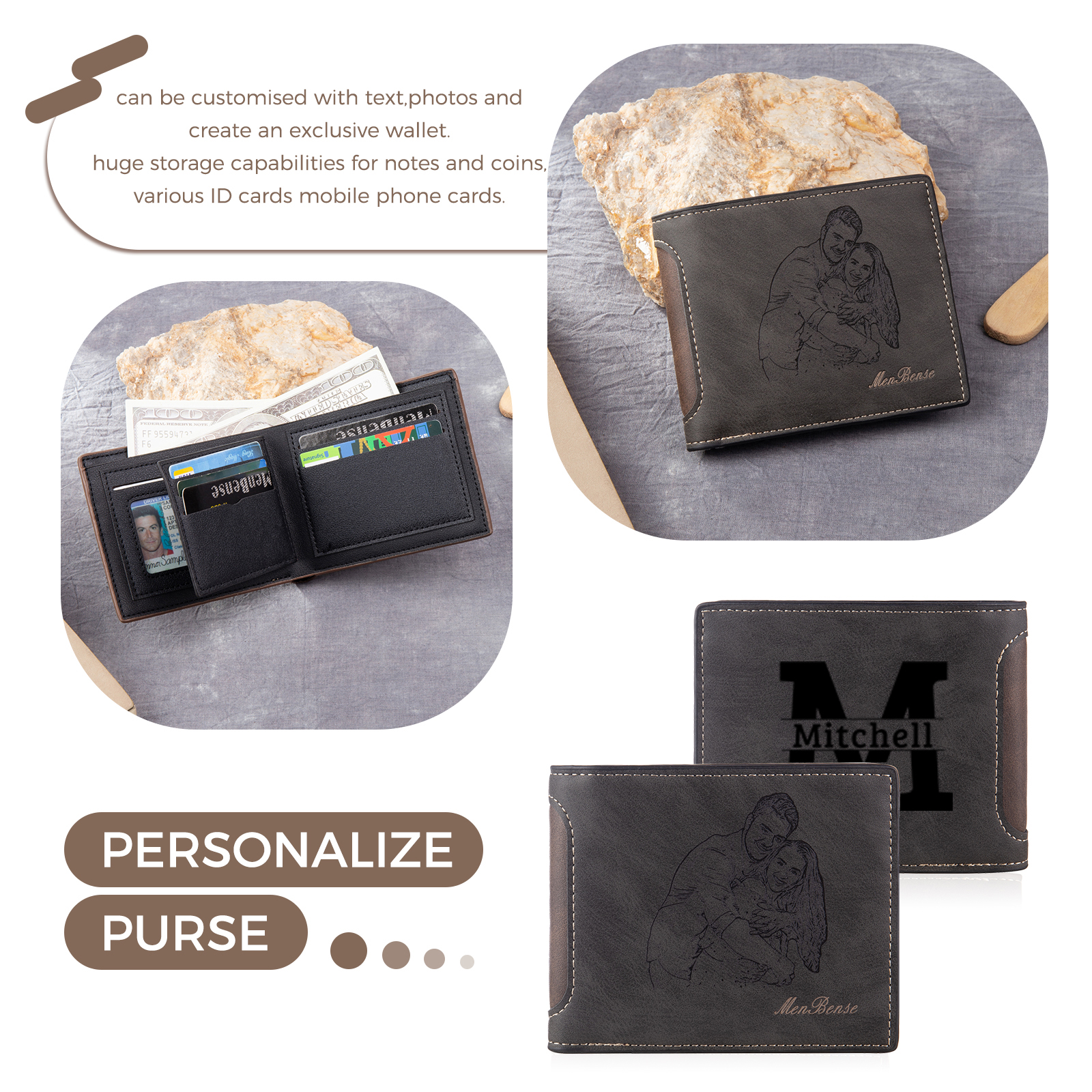 Personalized Leather Folding Wallet With Photo, Name and Letter, Gift For Dad