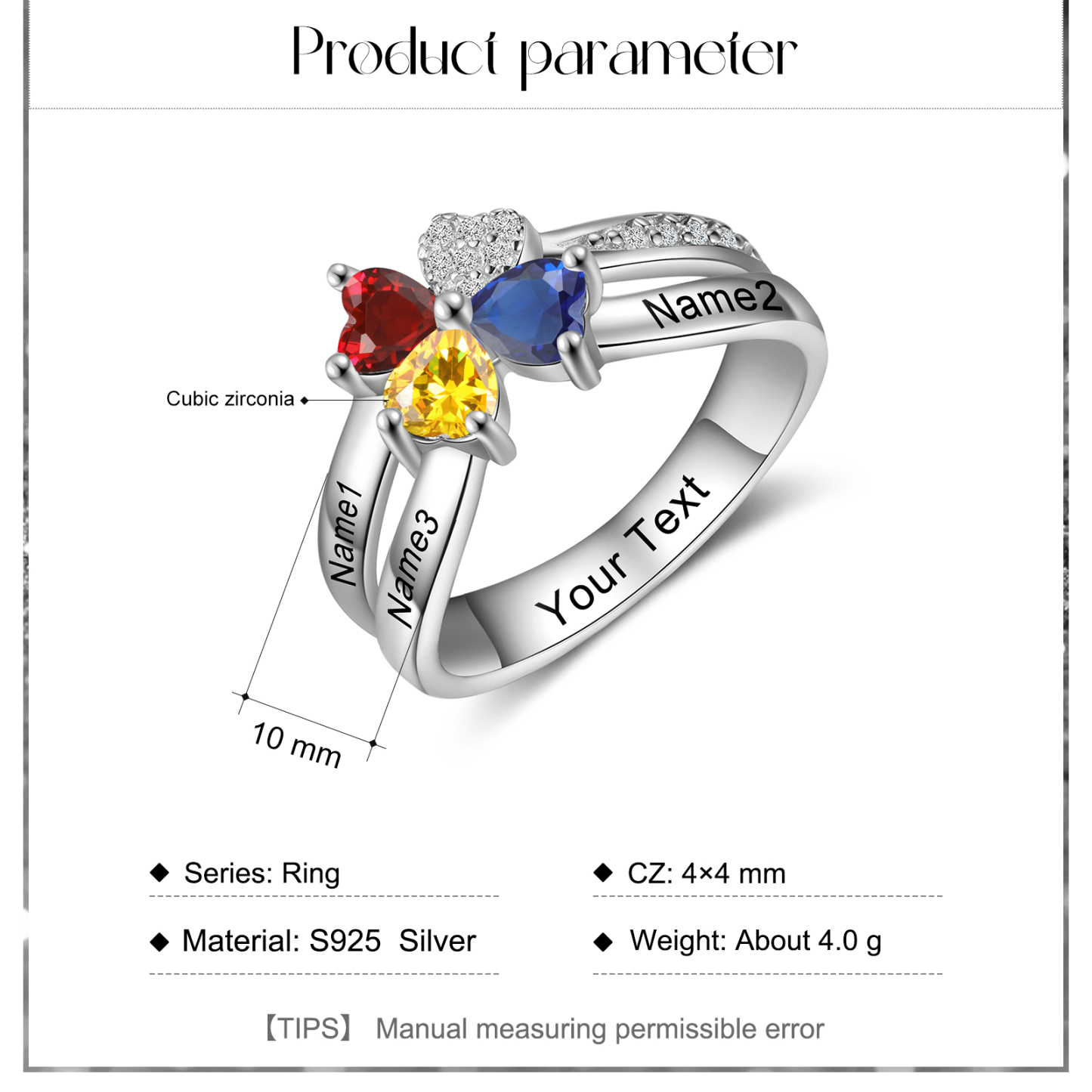 Personalized Ring With 3 Birthstones Engraved Names Ring Best Gift For Women