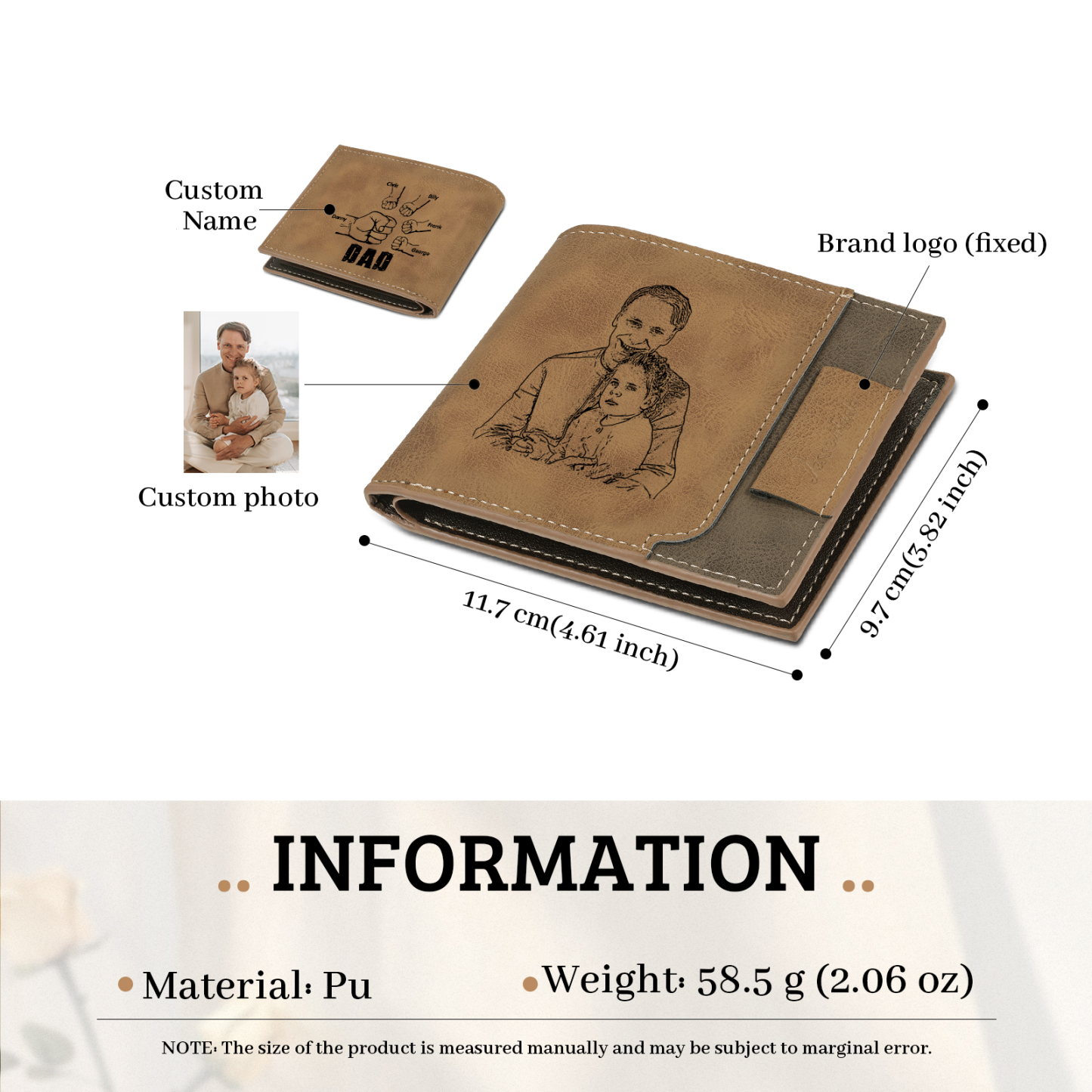 5 Names - Personalized Photo Custom Leather Men's Folding Wallet as a Father's Day Gift for Dad