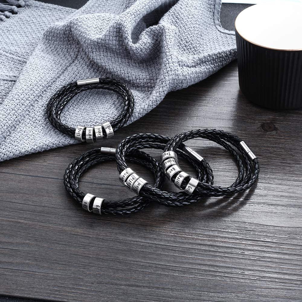 Mens Leather Braided Bracelet With 4 Custom Beads Engarved 4 Names Personalized Bracelet Black