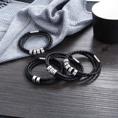 Mens Leather Braided Bracelet With 4 Custom Beads Engarved 4 Names Personalized Bracelet Black