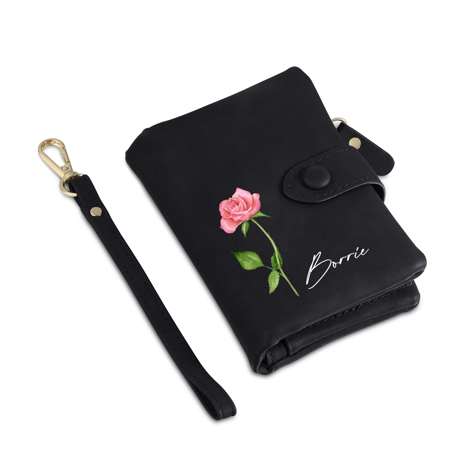 Black Color Personalized Birthday Flower Leather Wallet Engraving Name Wallet Gifts for Women