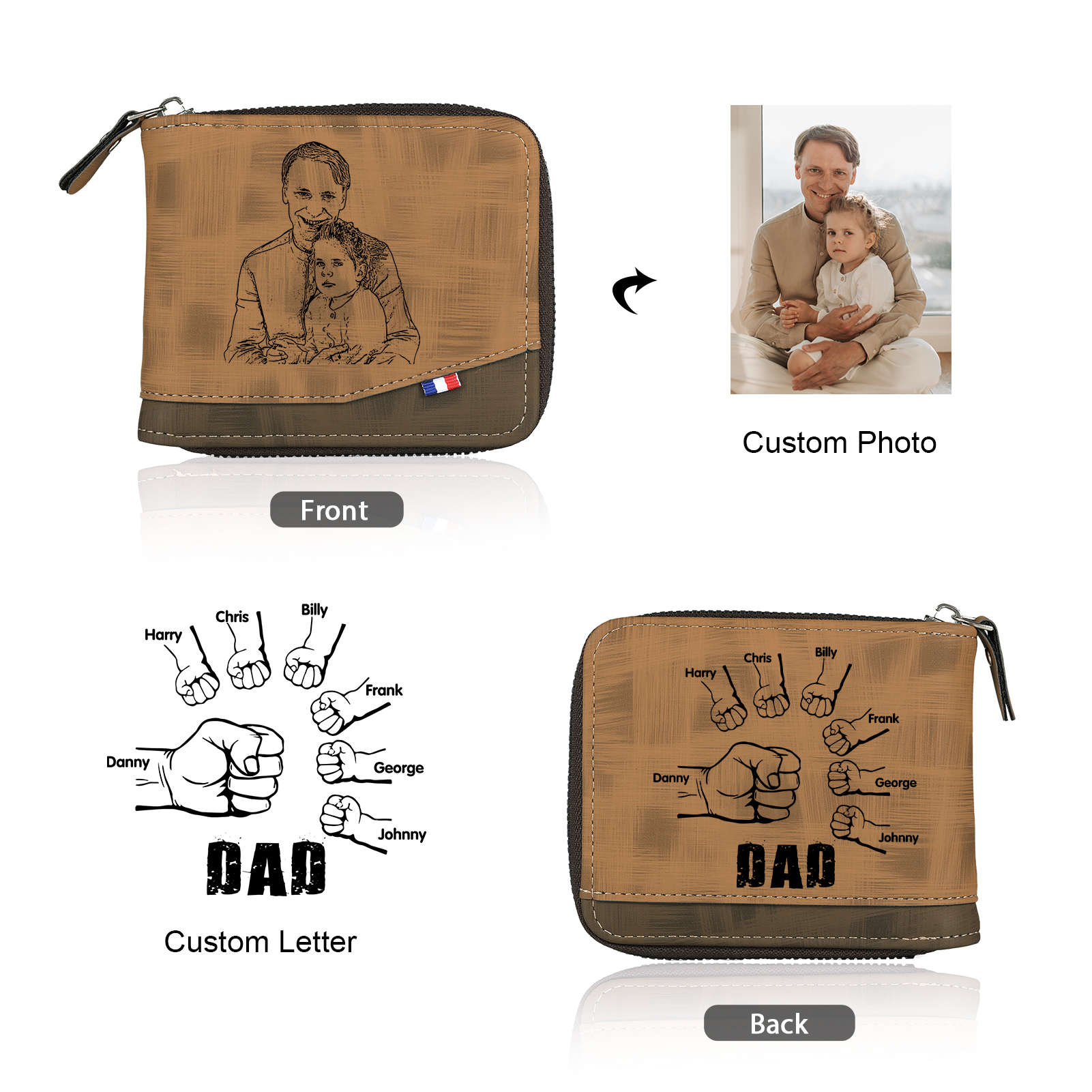 7 Names - Personalized Photo Custom Leather Men's Zipper Wallet as a Father's Day Gift for Dad
