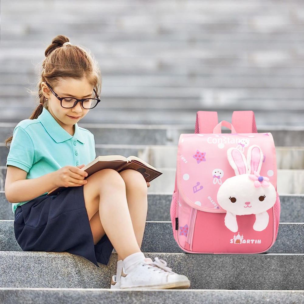 Personalized Pink Bunny Children School Bag Embroidery Name Black Backpack, Customized Schoolbag Travel Bag For Kids