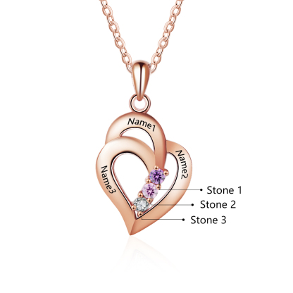 Personalized Heart S925 Necklace With 3 Birthstones Engraved Names Gift For Her