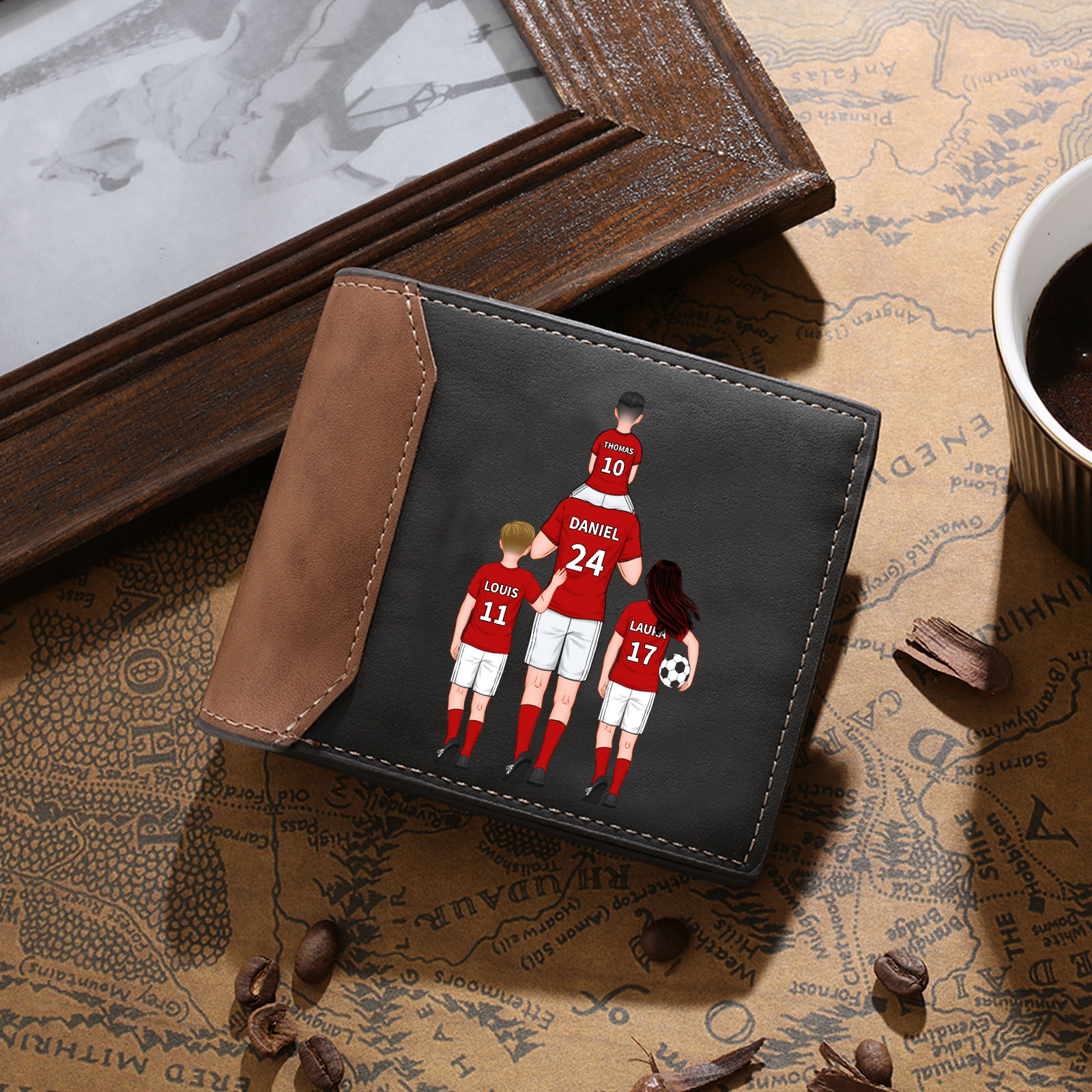 Personalised Men's Wallet - Customised with 2–9 Figures, Names and Outfit Numbers, Father and Child Design, Valentine’s Day Gift for Him | Jessemade
