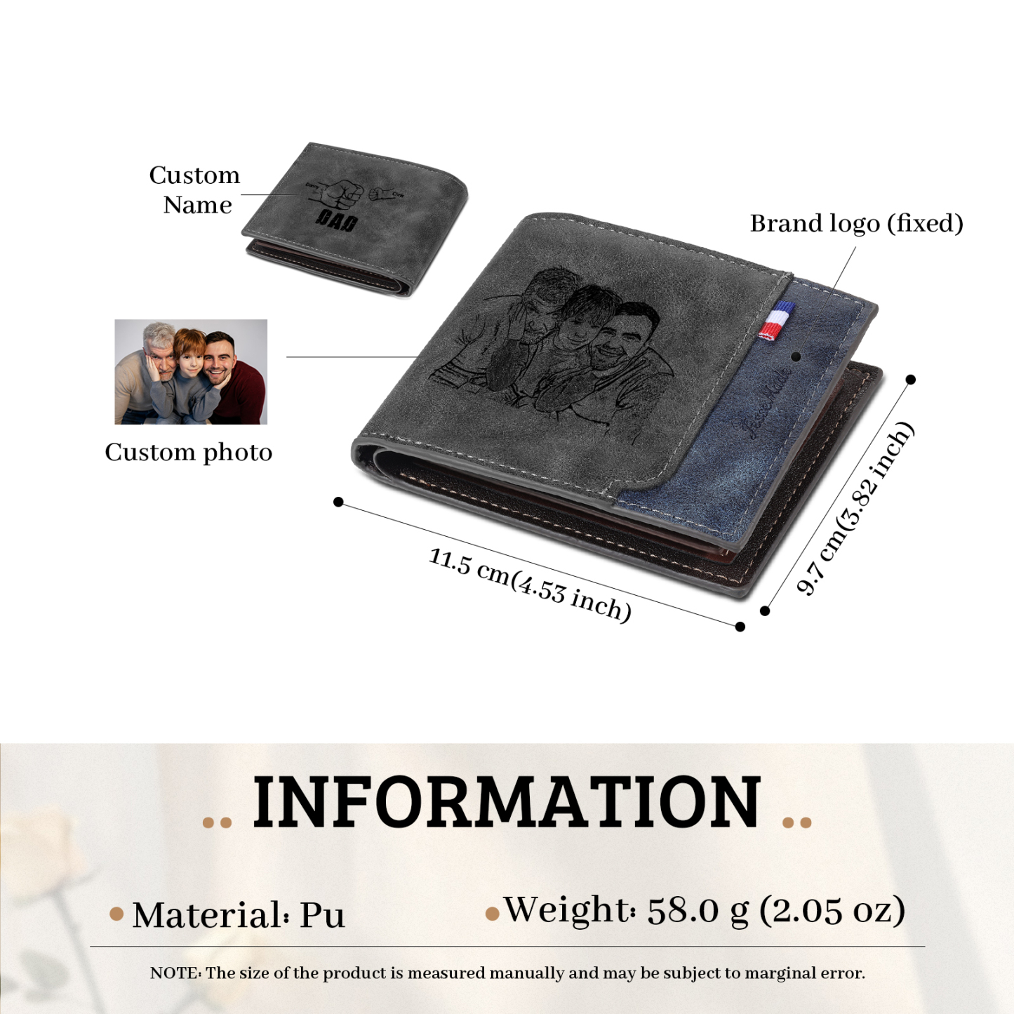 2 Names - Personalized Photo Custom Leather Men's Wallet as a Father's Day Gift for Dad